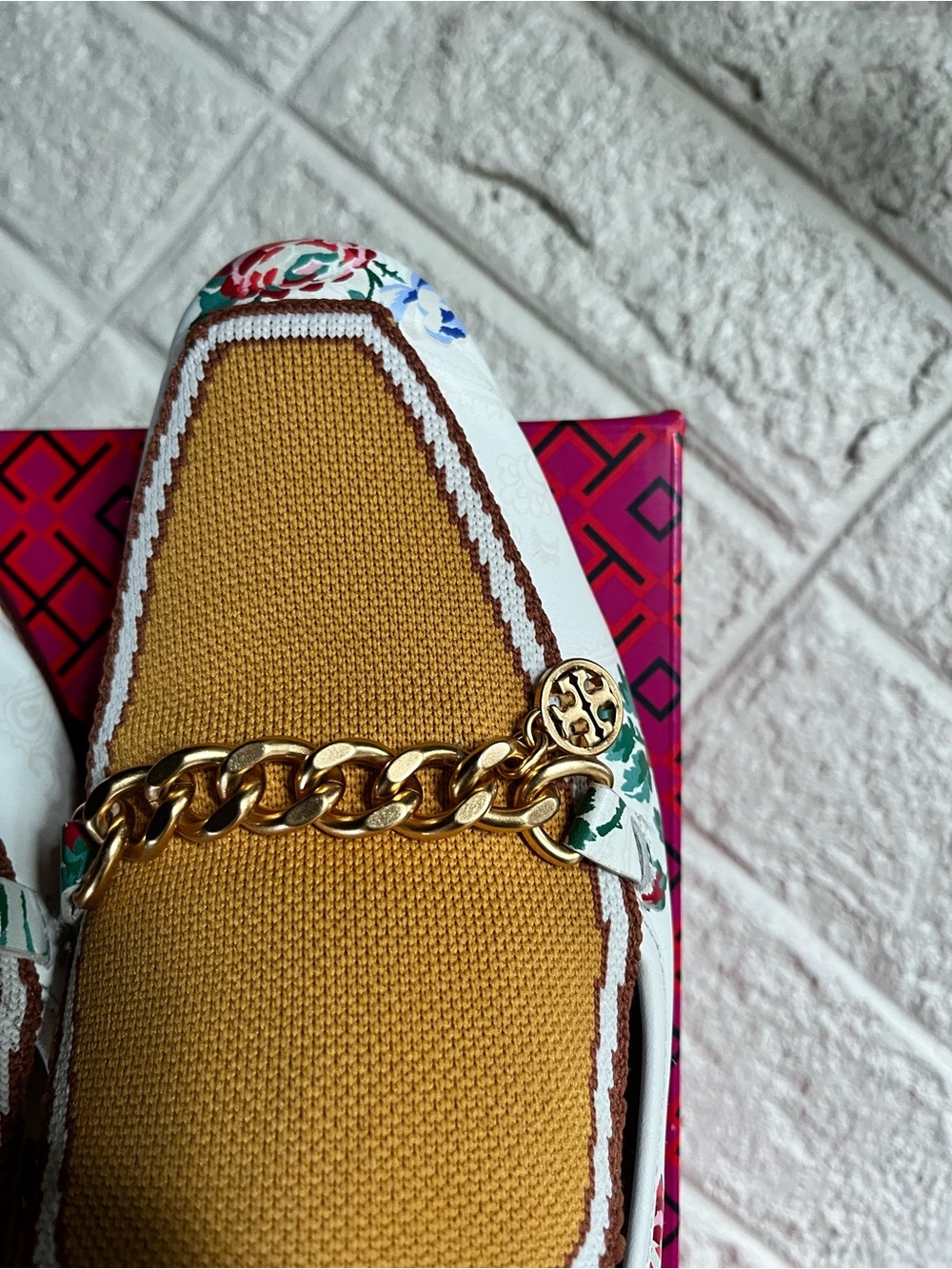 Tory Burch Mustard Woven Chain Loafers with Floral Trim - Picture 5 of 6